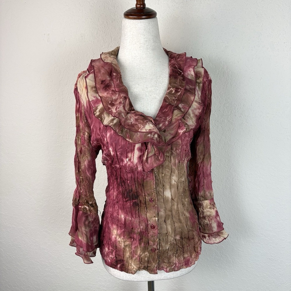 Y2k Piano M Blouse Ruffle Button Up Romantic Fairy Boho 90s Pink Crinkle Whimsy